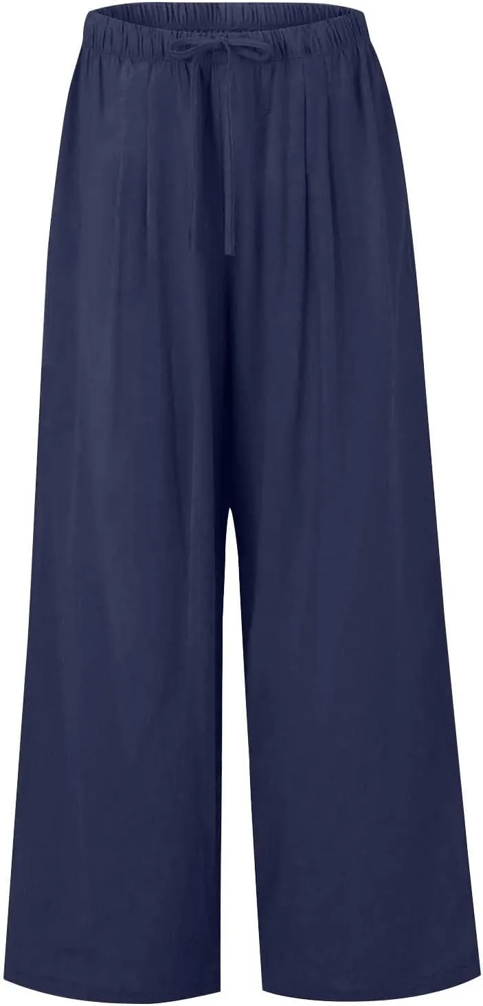 Wide Leg Women Linen Pants Summer Drawstring Elastic High Waisted Palazzo Pants Loose Fit Flowy Beach Trouser w/Pockets