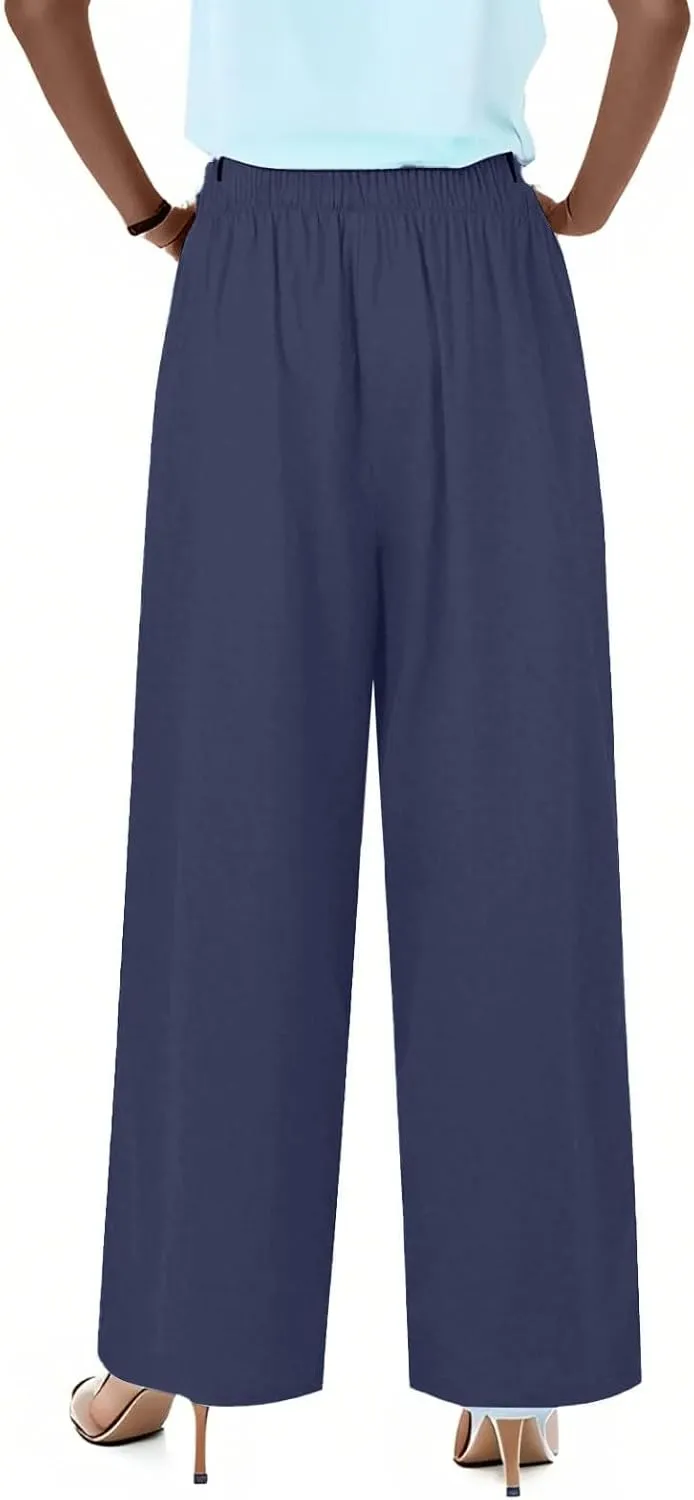 Wide Leg Women Linen Pants Summer Drawstring Elastic High Waisted Palazzo Pants Loose Fit Flowy Beach Trouser w/Pockets