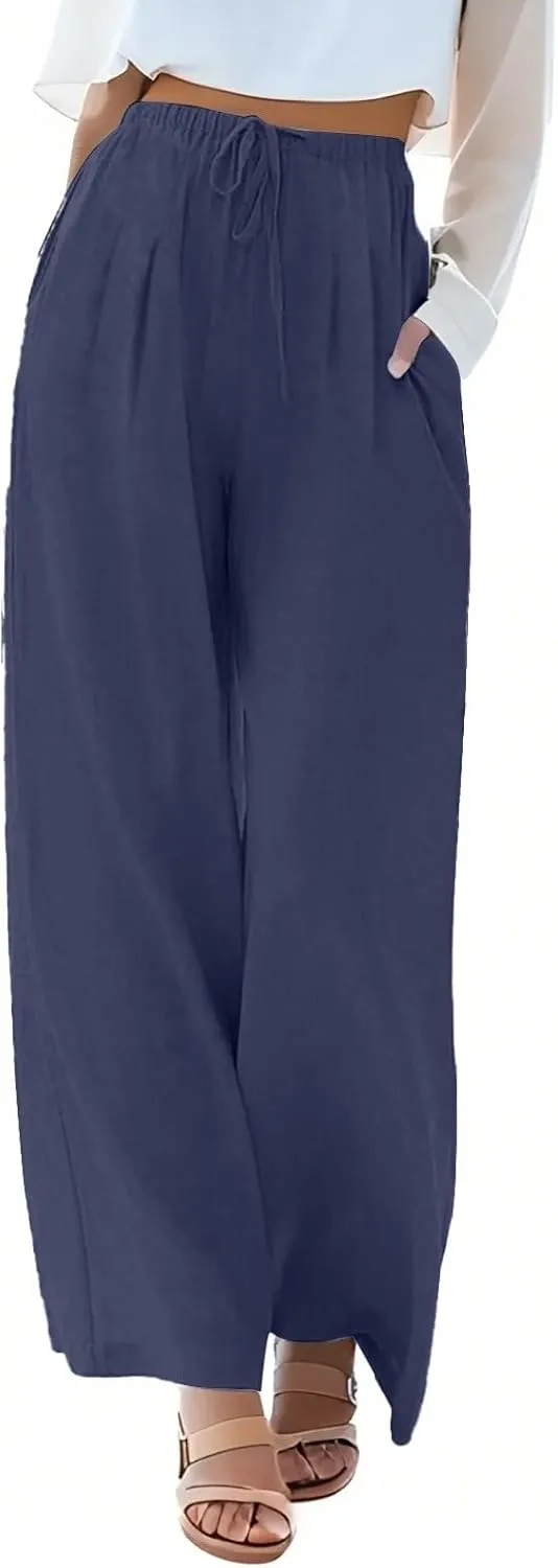 Wide Leg Women Linen Pants Summer Drawstring Elastic High Waisted Palazzo Pants Loose Fit Flowy Beach Trouser w/Pockets