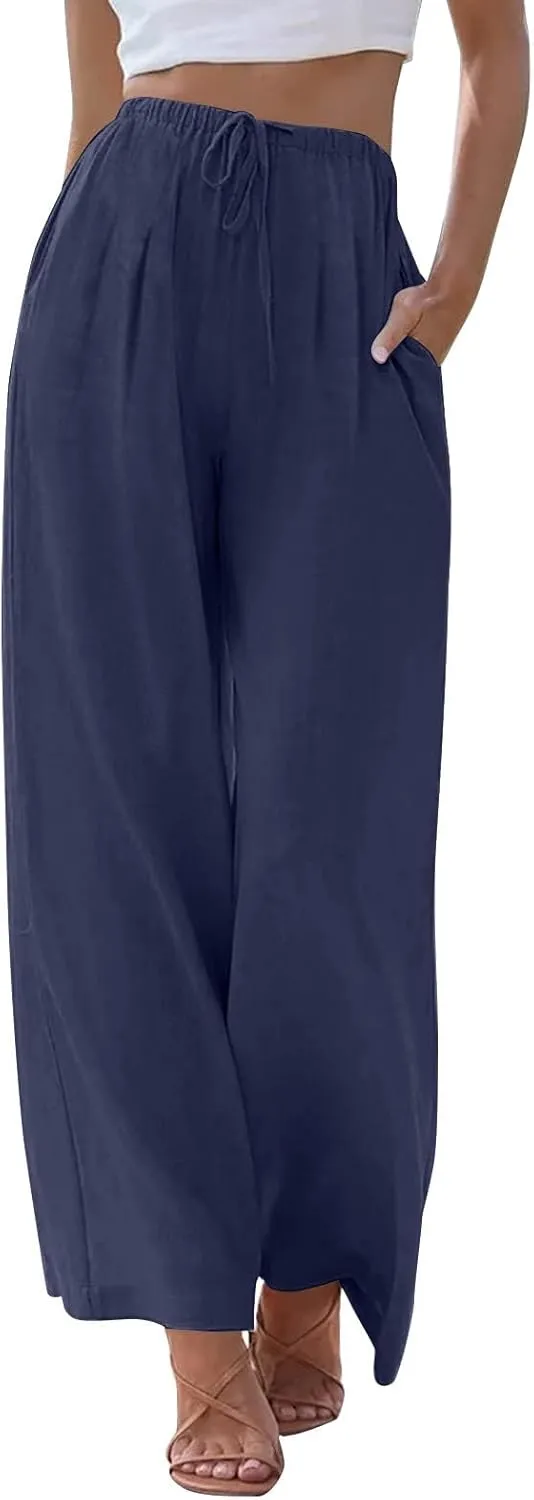 Wide Leg Women Linen Pants Summer Drawstring Elastic High Waisted Palazzo Pants Loose Fit Flowy Beach Trouser w/Pockets