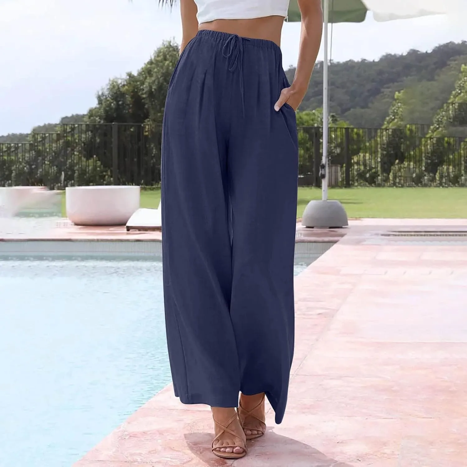 Wide Leg Women Linen Pants Summer Drawstring Elastic High Waisted Palazzo Pants Loose Fit Flowy Beach Trouser w/Pockets