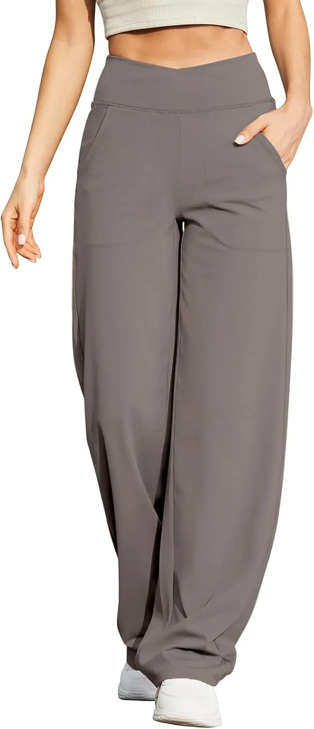 Wide Leg Yoga Pants for Women Crossover High Waisted Athletic Pants with Pockets Casual Comfy Lounge Pants
