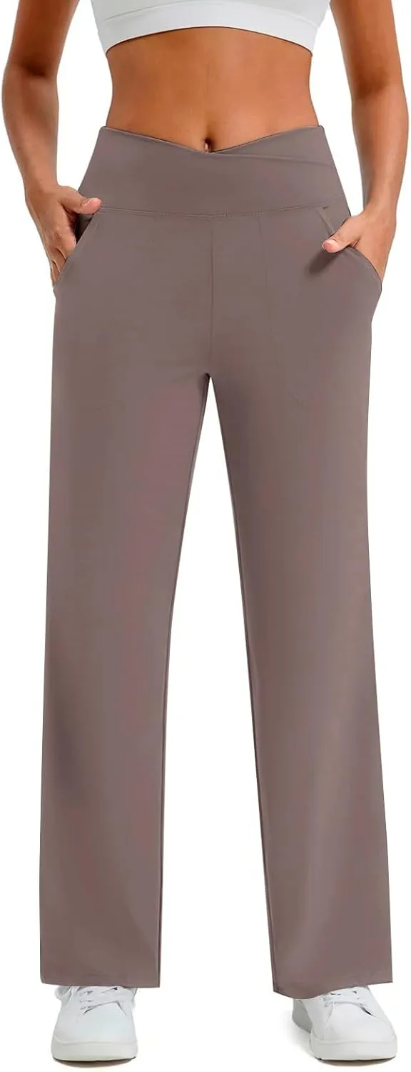 Wide Leg Yoga Pants for Women Crossover High Waisted Athletic Pants with Pockets Casual Comfy Lounge Pants