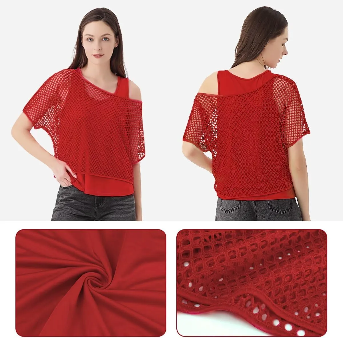 WILDPARTY Women's Casual Sexy Off Shoulder T-Shirt, 80s 90s Outfit 80's Costume Fishnet Neon Shirt Summer Short Sleeve