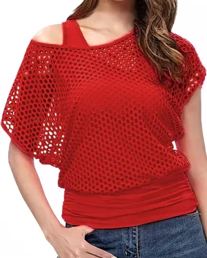 WILDPARTY Women's Casual Sexy Off Shoulder T-Shirt, 80s 90s Outfit 80's Costume Fishnet Neon Shirt Summer Short Sleeve