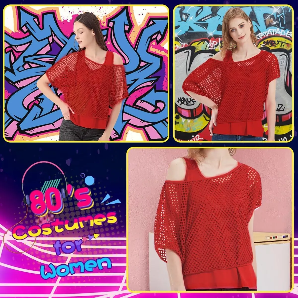 WILDPARTY Women's Casual Sexy Off Shoulder T-Shirt, 80s 90s Outfit 80's Costume Fishnet Neon Shirt Summer Short Sleeve