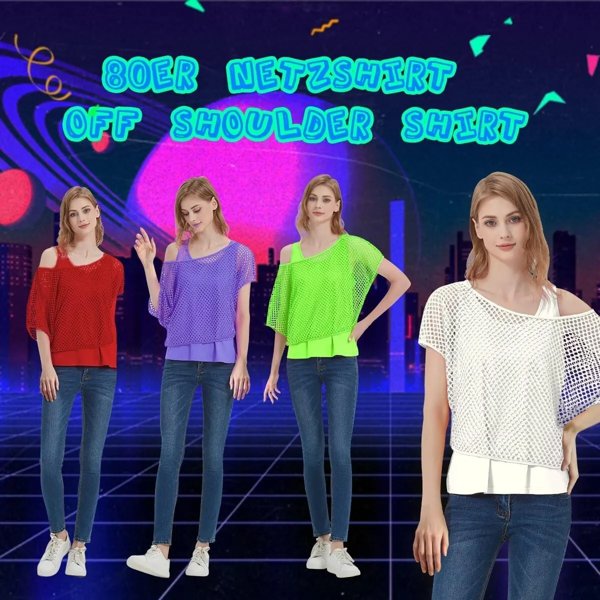 WILDPARTY Women's Casual Sexy Off Shoulder T-Shirt, 80s 90s Outfit 80's Costume Fishnet Neon Shirt Summer Short Sleeve