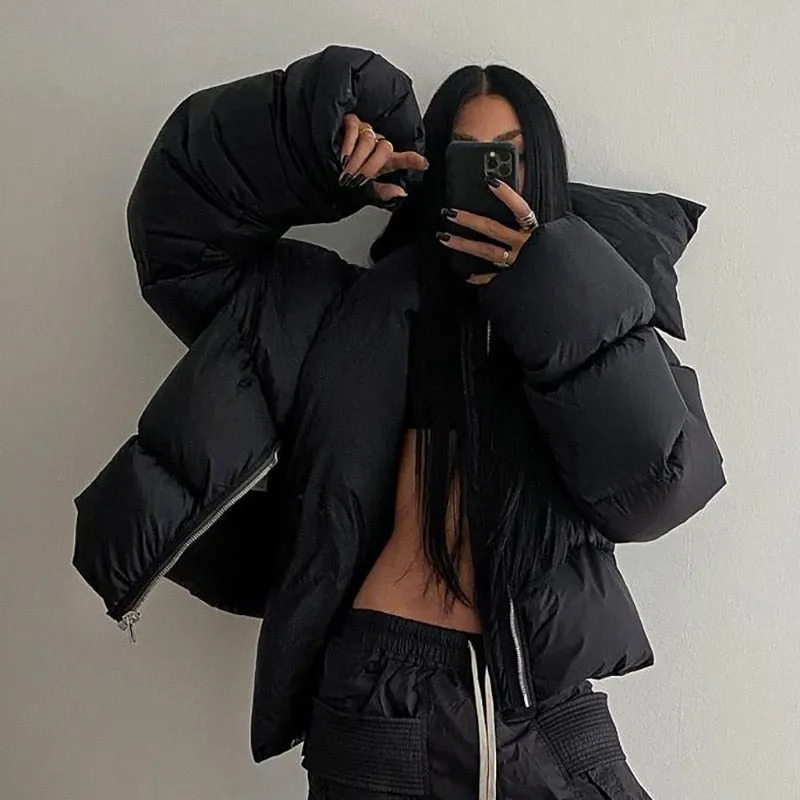 Winter Oversized Black Bubble Coats Women Zipper Scarf