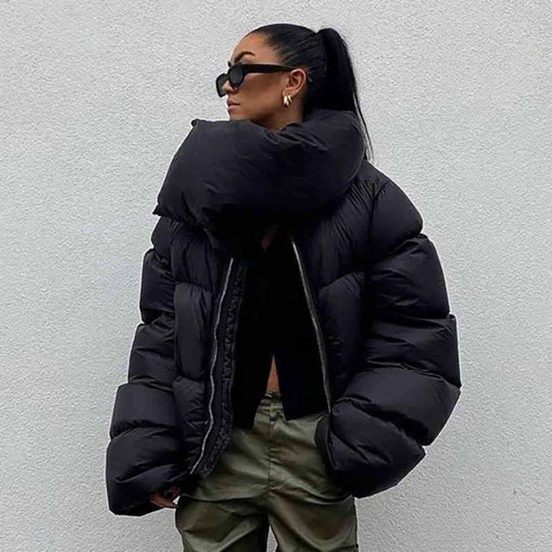 Winter Oversized Black Bubble Coats Women Zipper Scarf