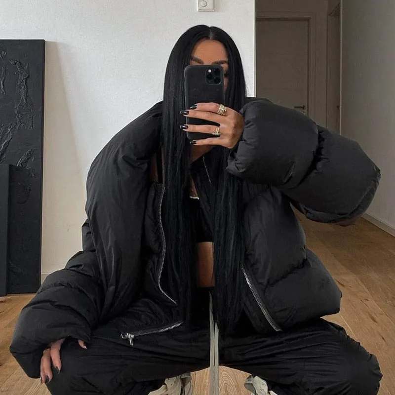 Winter Oversized Black Bubble Coats Women Zipper Scarf