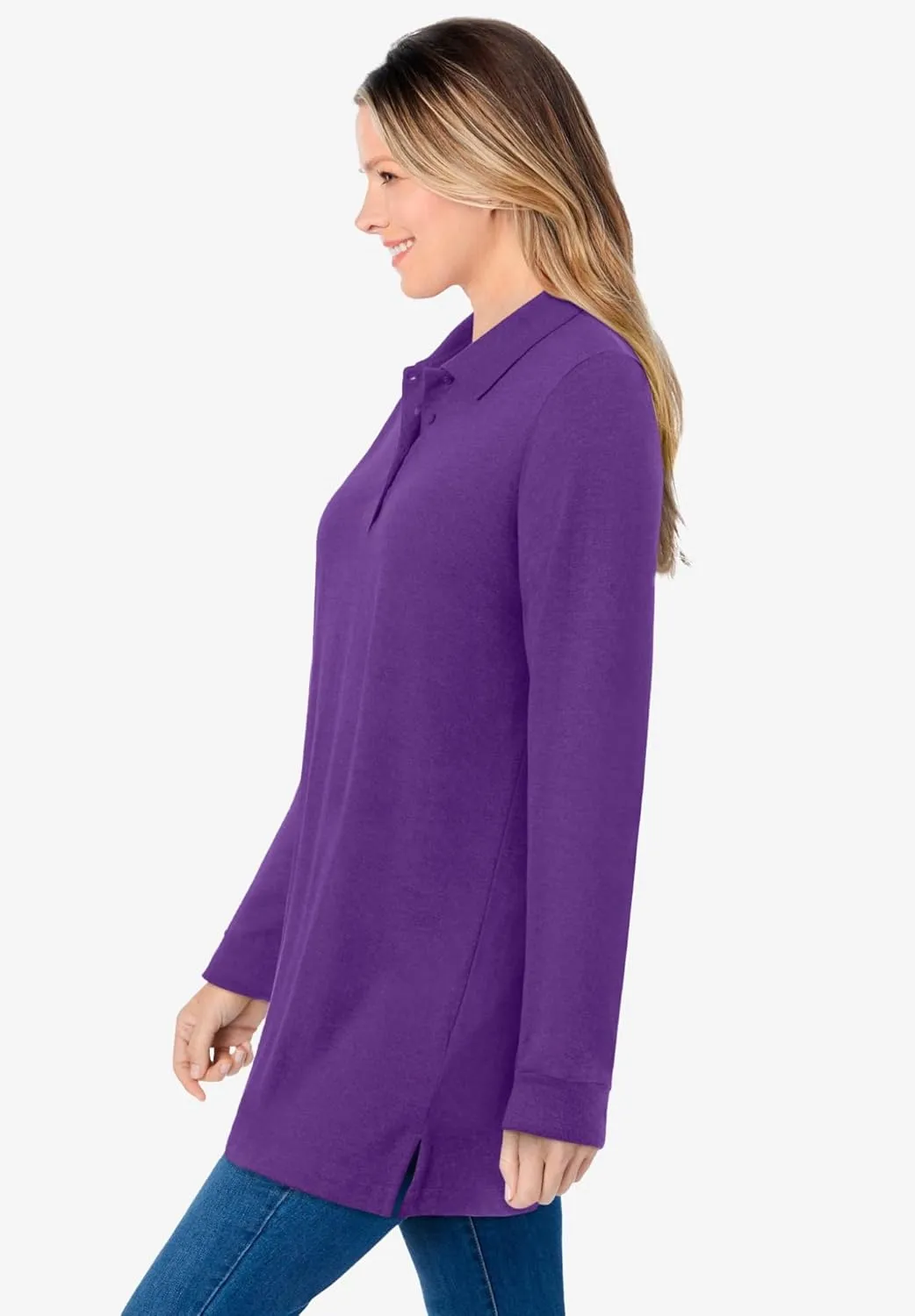 Woman Within Plus Size Long-Sleeve Polo Shirt