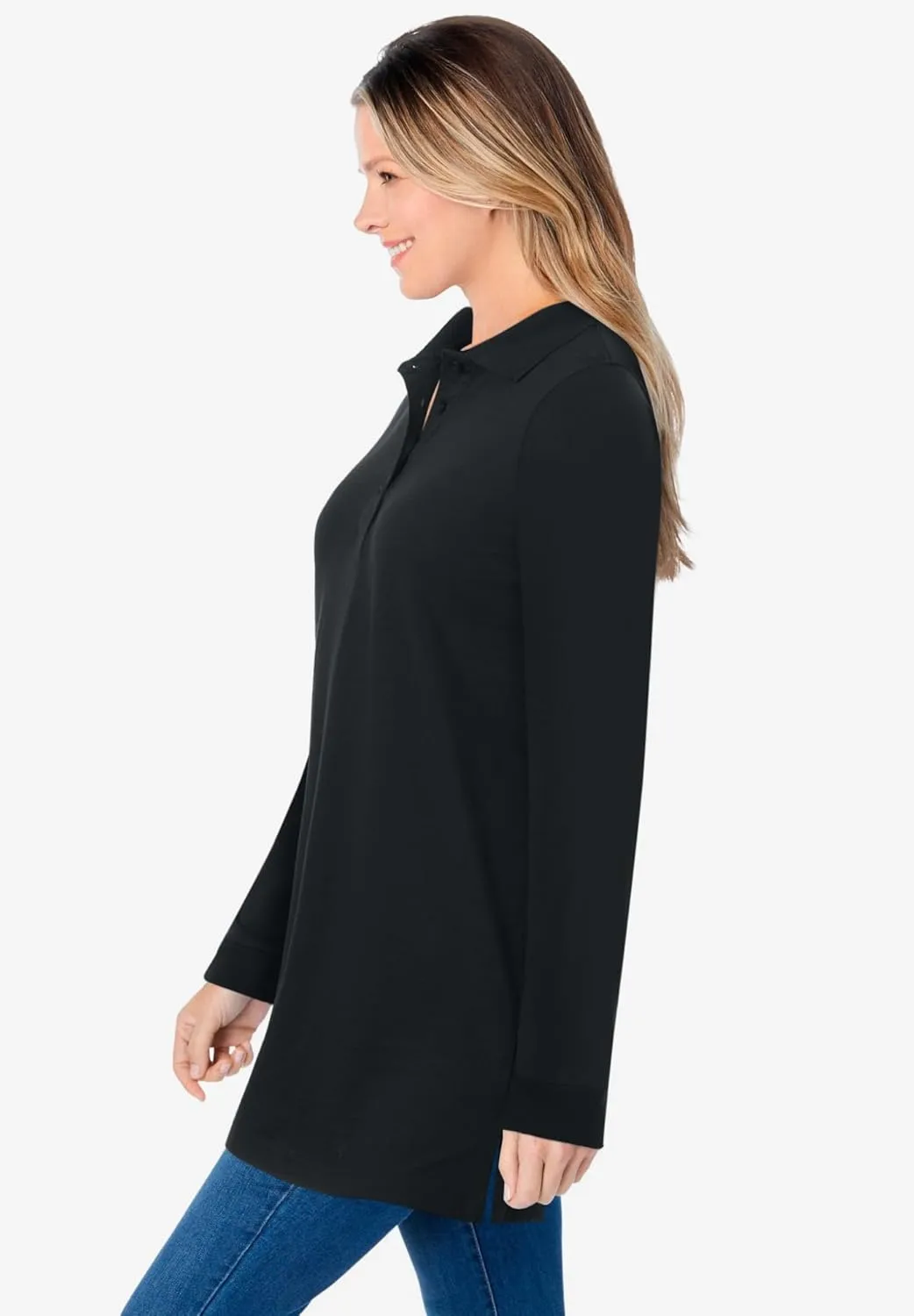 Woman Within Plus Size Long-Sleeve Polo Shirt