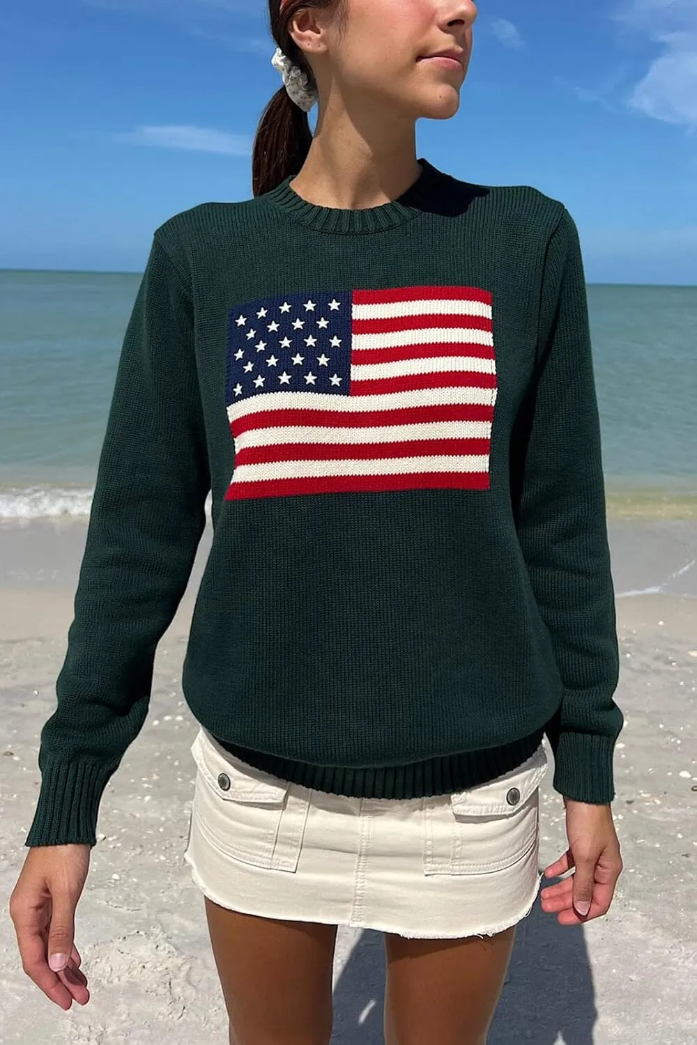 Women American Flag Sweater Long Sleeve Crew Neck Loose Fit Knit Pullover Tops USA Casual Loose Pullover Sweater