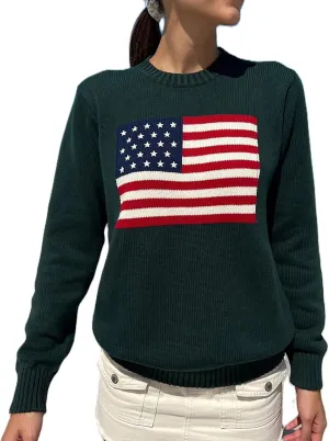 Women American Flag Sweater Long Sleeve Crew Neck Loose Fit Knit Pullover Tops USA Casual Loose Pullover Sweater