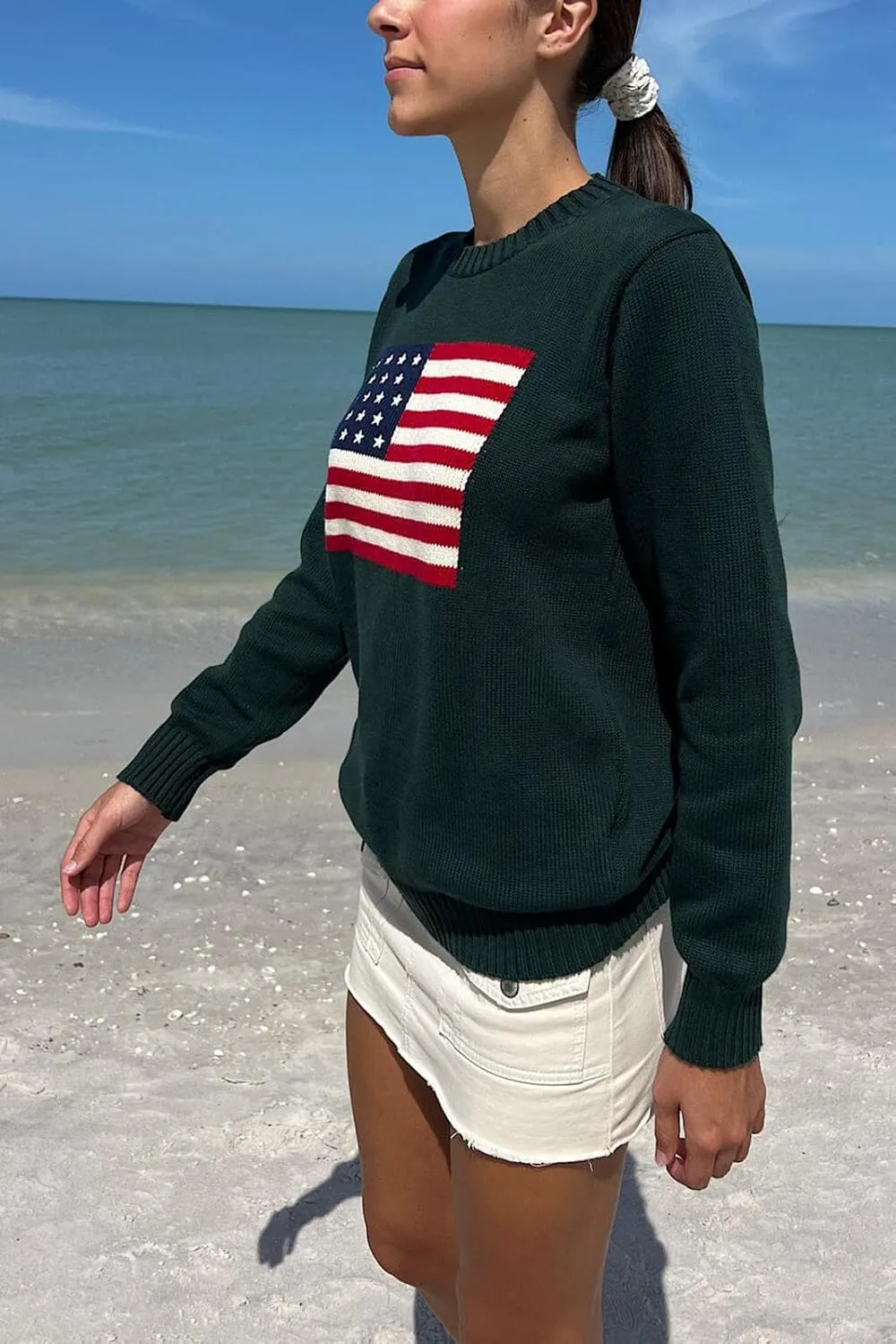 Women American Flag Sweater Long Sleeve Crew Neck Loose Fit Knit Pullover Tops USA Casual Loose Pullover Sweater