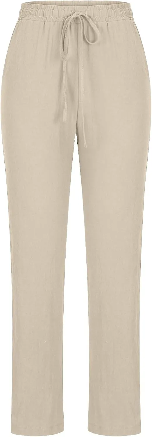 Women Business Casual Cotton Linen Pants Drawstring High Waist Trousers Solid Lightweight Vacation Travel Slacks 2025