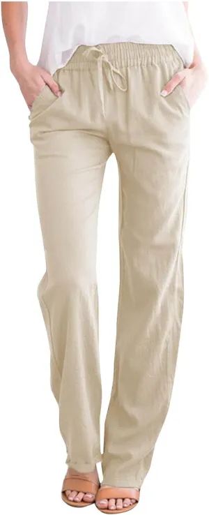 Women Business Casual Cotton Linen Pants Drawstring High Waist Trousers Solid Lightweight Vacation Travel Slacks 2025
