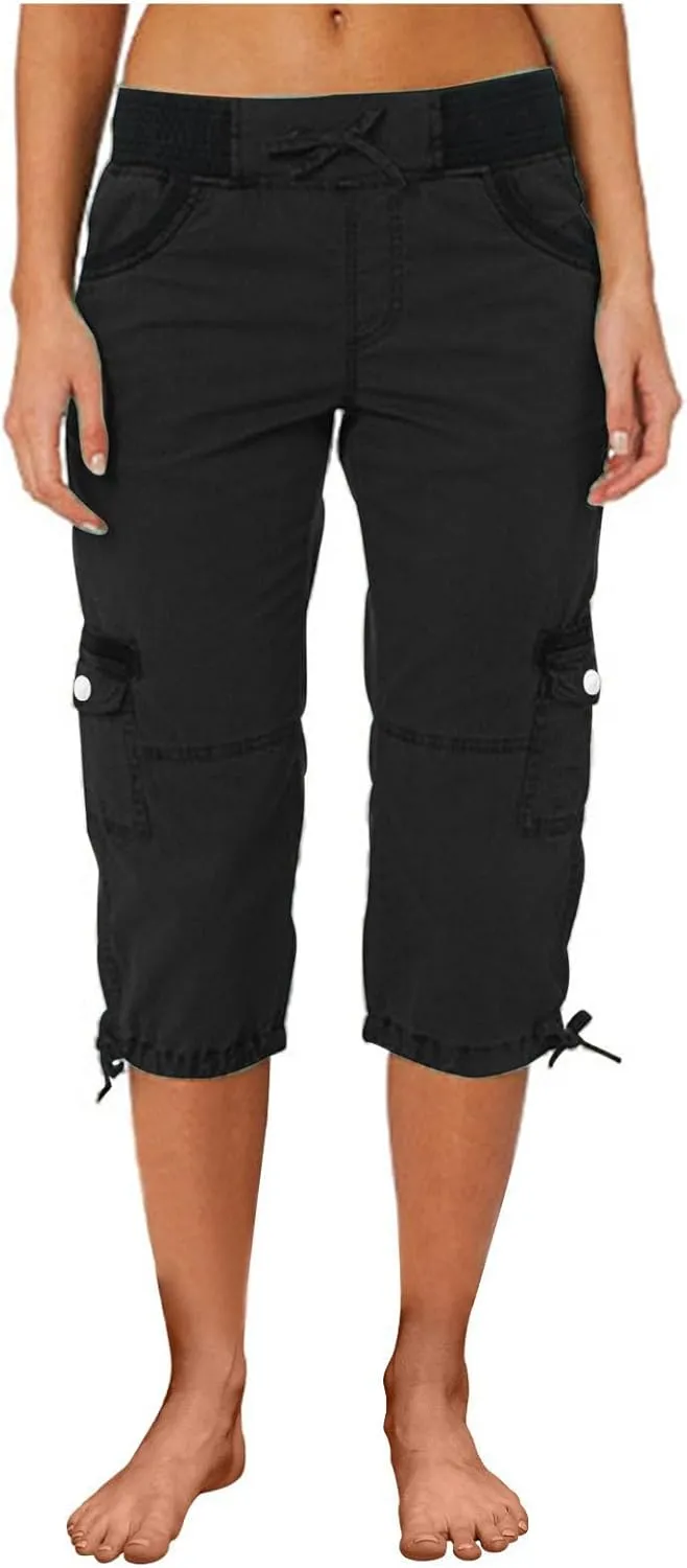 Women Cargo Capris Pants Wide Leg Casual Palazzo Pants Loose Lounge Beach Summer Cropped Trouser Shorts with Pockets