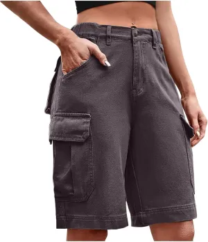 Women Cargo Jean Bermuda Shorts Knee Length Multi-Pockets Pull On Denim Short High Waisted Stretchy Hiking Golf Jorts