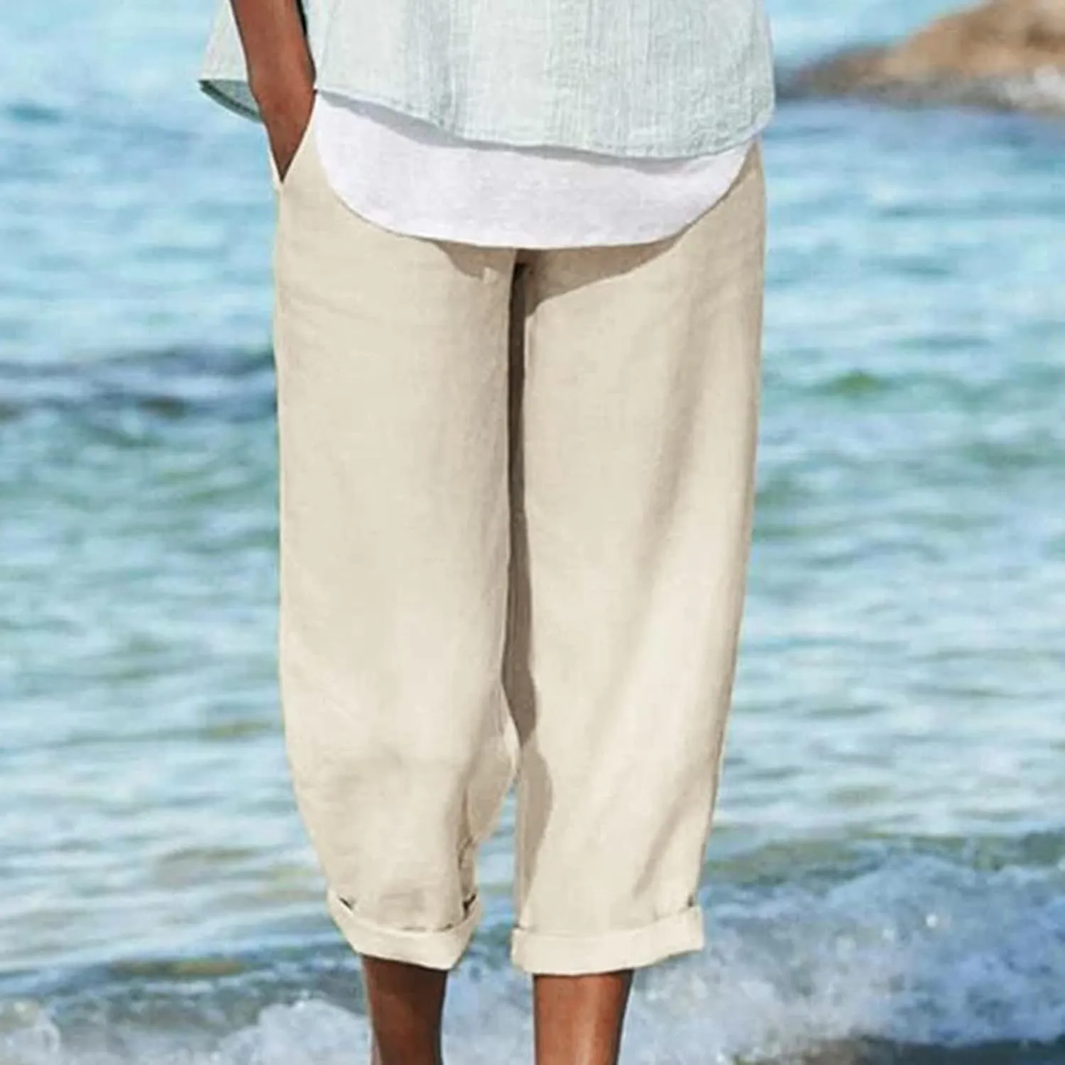 Women Casual Cotton Tapered Capri Cargo Pants Loose Elastic Waist Ankle Cropped Trouser Summer Work Slacks with Pocket