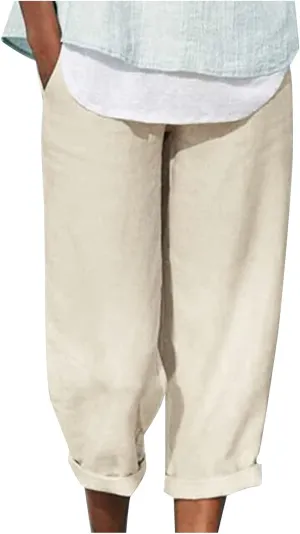 Women Casual Cotton Tapered Capri Cargo Pants Loose Elastic Waist Ankle Cropped Trouser Summer Work Slacks with Pocket