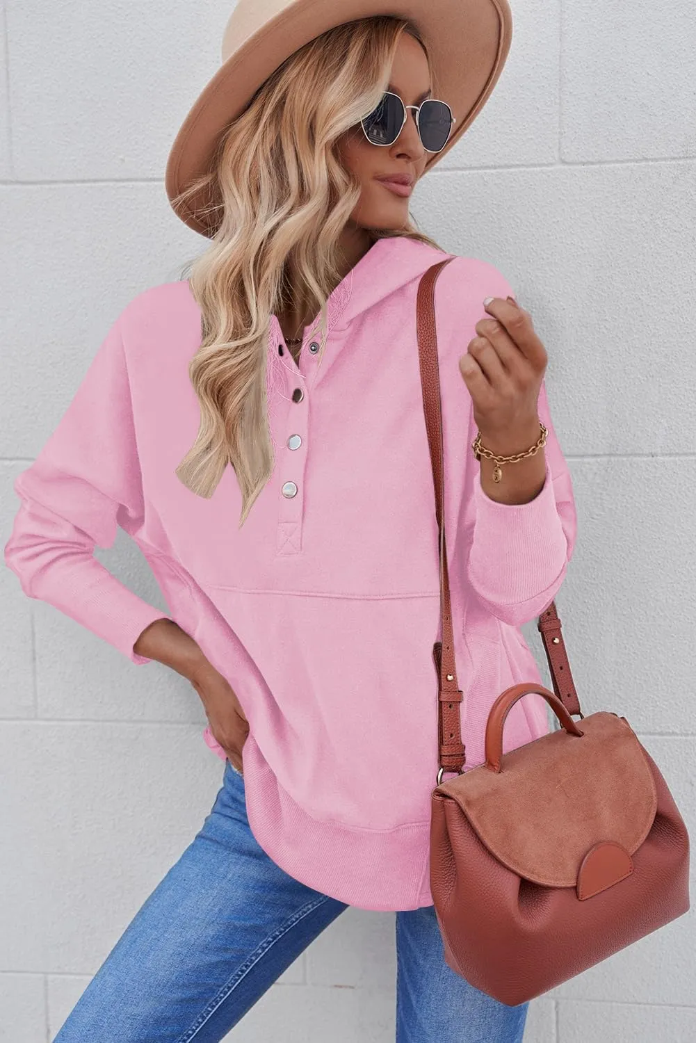 Women Causal Long Sleeve Hoodie Oversied Button Collar V Neck Sweatshirt Trendy Pullover Tops With Pockets Fashion 2024