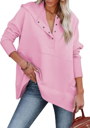 Women Causal Long Sleeve Hoodie Oversied Button Collar V Neck Sweatshirt Trendy Pullover Tops With Pockets Fashion 2024