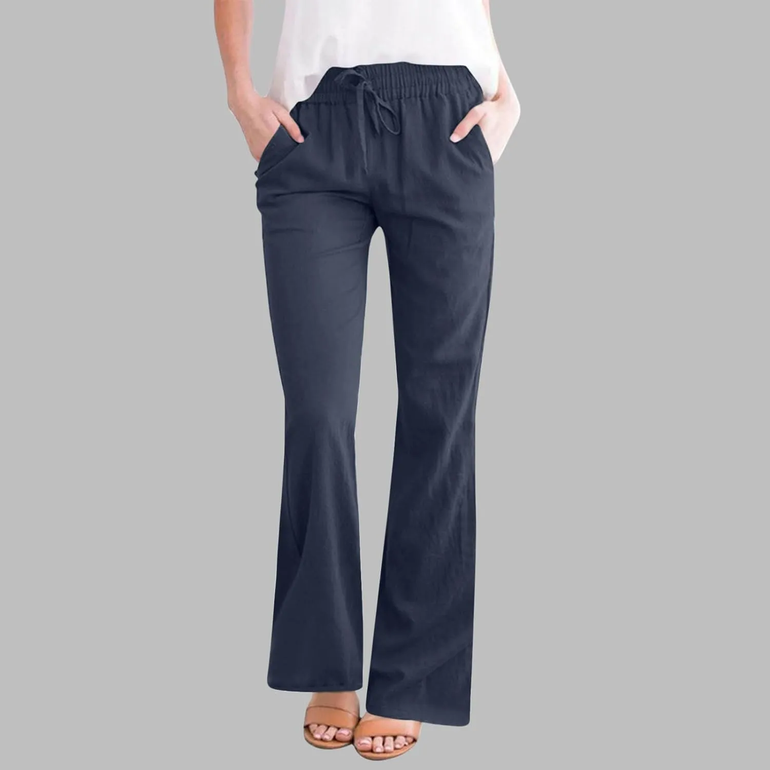 Women Cotton Linen Flare Pants Summer Drawstring Bootcut Trousers Boho Beach Lightweight Slacks Ladies Travel Clothes