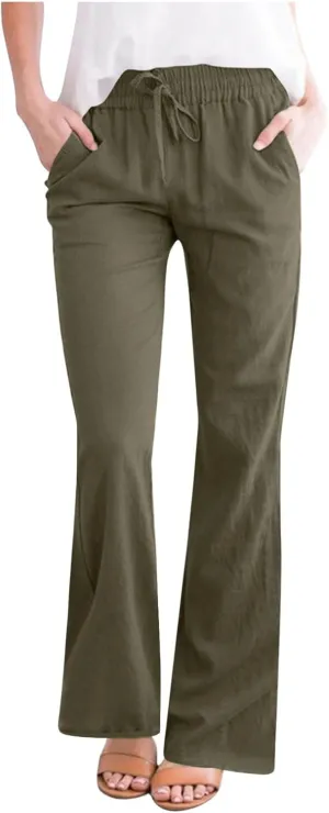 Women Cotton Linen Flare Pants Summer Drawstring Bootcut Trousers Boho Beach Lightweight Slacks Ladies Travel Clothes