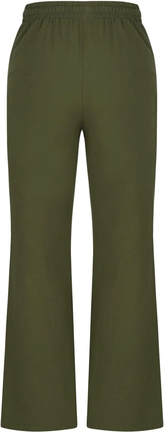 Women Cotton Linen Flare Pants Summer Drawstring Bootcut Trousers Boho Beach Lightweight Slacks Ladies Travel Clothes