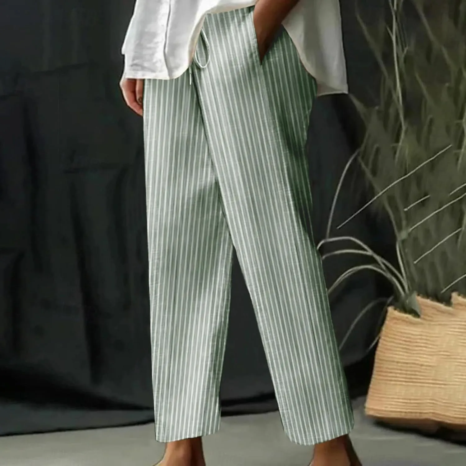Women Cotton Linen Stripe Casual Pants, Fashion Drawstring Loose Straight Leg Trousers Summer Work Office Trendy Clothes