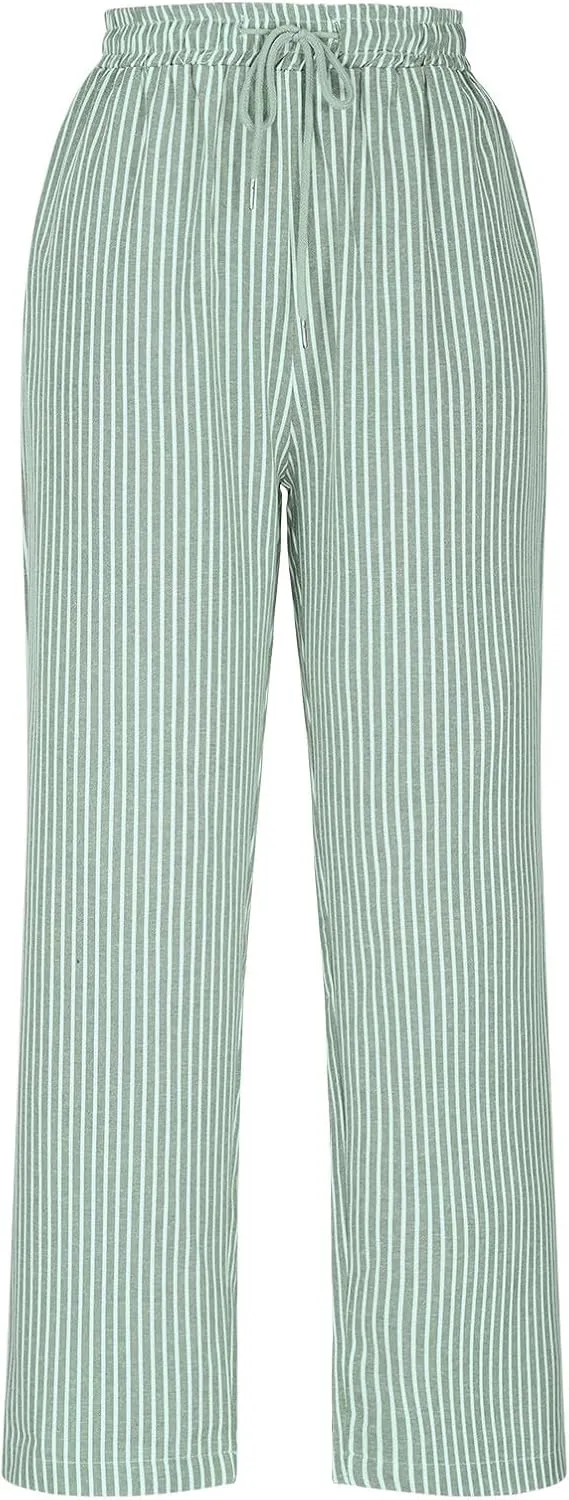 Women Cotton Linen Stripe Casual Pants, Fashion Drawstring Loose Straight Leg Trousers Summer Work Office Trendy Clothes