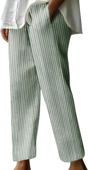 Women Cotton Linen Stripe Casual Pants, Fashion Drawstring Loose Straight Leg Trousers Summer Work Office Trendy Clothes