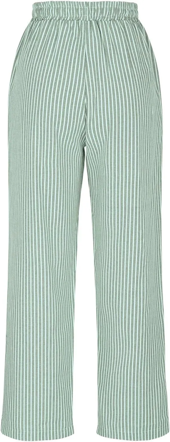 Women Cotton Linen Stripe Casual Pants, Fashion Drawstring Loose Straight Leg Trousers Summer Work Office Trendy Clothes