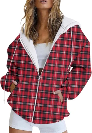 Women Full Zip Up Hoodies Long Sleeve Drawstring Oversized Coat E-Girl Harajuku Jackets Coat with Pockets
