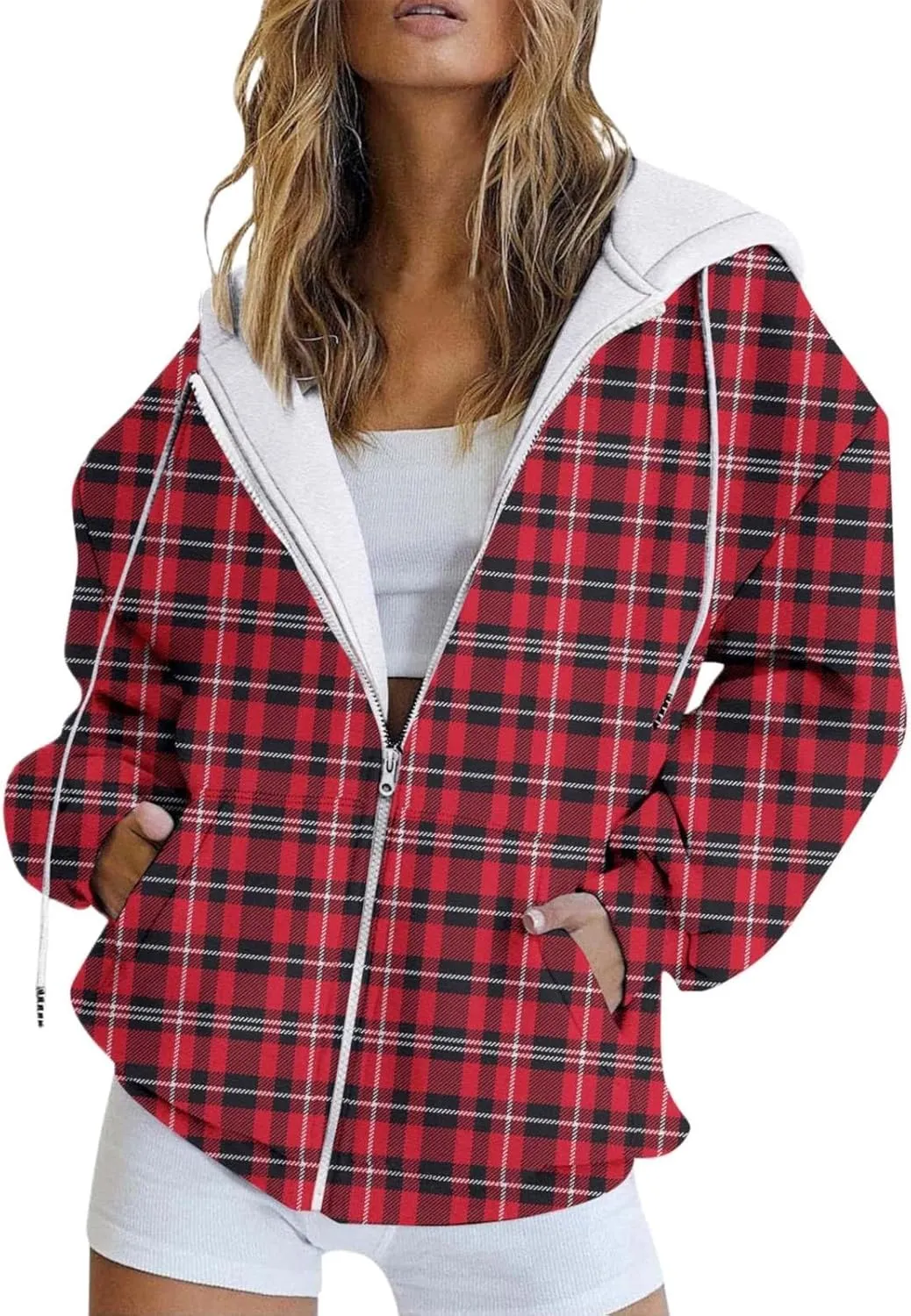 Women Full Zip Up Hoodies Long Sleeve Drawstring Oversized Coat E-Girl Harajuku Jackets Coat with Pockets