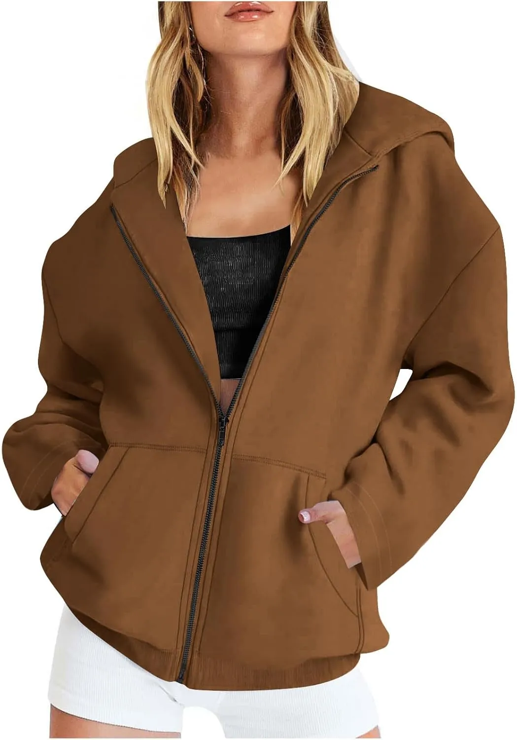 Women Full Zipper Oversized Hooded Sweatshirts Long Sleeve Drop Shoulder Hoodies Trendy Casual Pullover Y2K Clothes
