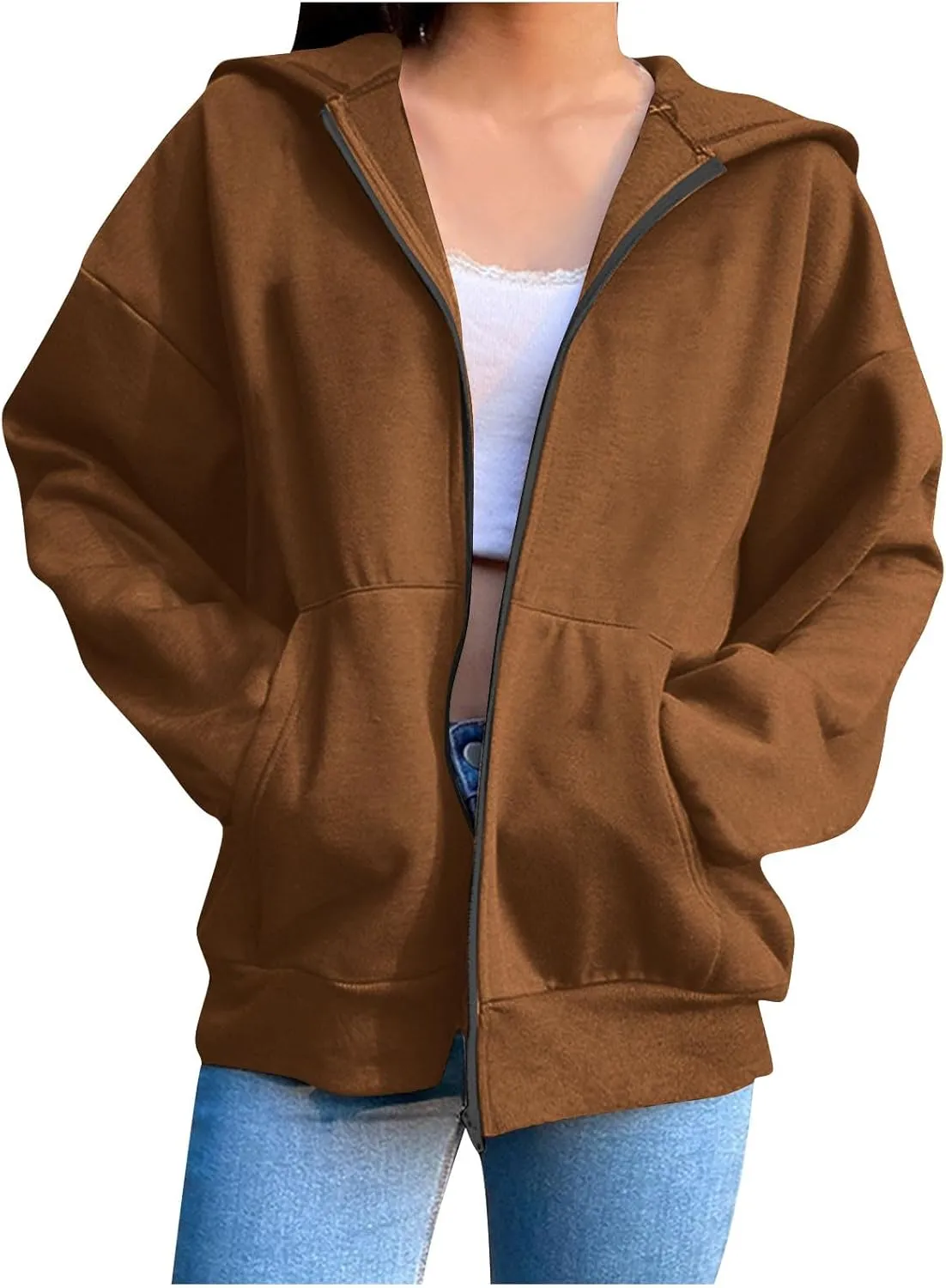 Women Full Zipper Oversized Hooded Sweatshirts Long Sleeve Drop Shoulder Hoodies Trendy Casual Pullover Y2K Clothes