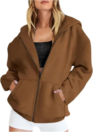 Women Full Zipper Oversized Hooded Sweatshirts Long Sleeve Drop Shoulder Hoodies Trendy Casual Pullover Y2K Clothes