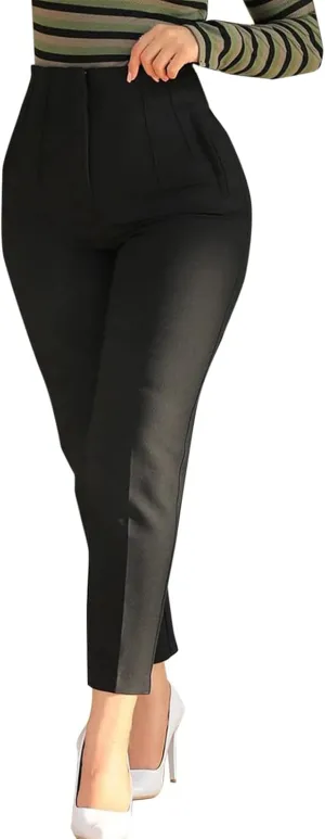 Women High Waist Cropped Work Pants Solid Zipper Trouser Pant Casual Baggy Elastic Waist Trouser Wide Leg Pant with