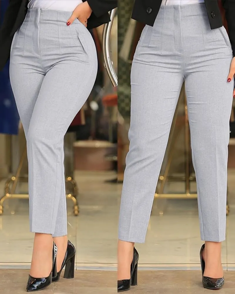 Women High Waist Cropped Work Pants Solid Zipper Trouser Pant Casual Baggy Elastic Waist Trouser Wide Leg Pant with