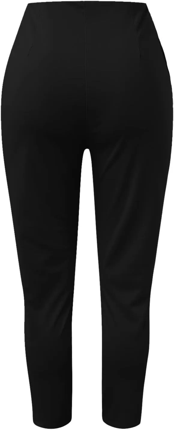 Women High Waist Cropped Work Pants Solid Zipper Trouser Pant Casual Baggy Elastic Waist Trouser Wide Leg Pant with