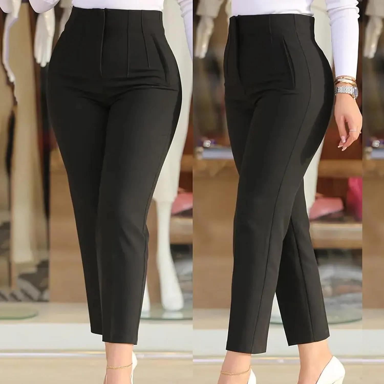 Women High Waist Cropped Work Pants Solid Zipper Trouser Pant Casual Baggy Elastic Waist Trouser Wide Leg Pant with