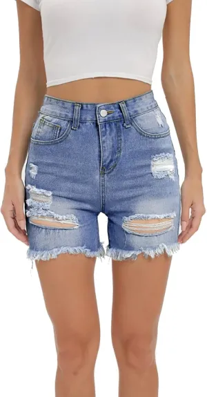 Women High Waisted Shorts Skinny Stretchy Denim Short Casual Summer Frayed Raw Hem Distressed Ripped Short Jeans