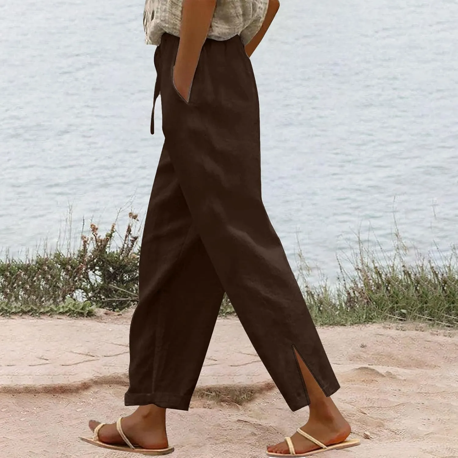 Women Linen Pants 2025 Summer Straight Leg High Waisted Side Split Lounge Pants Lightweight Baggy Beach Trouser w/Pockets