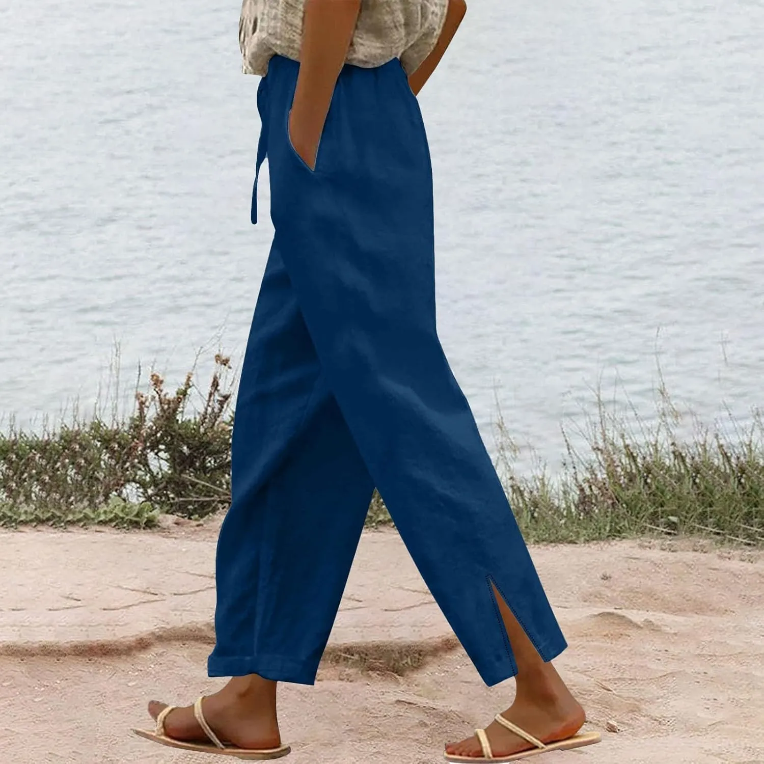 Women Linen Pants 2025 Summer Straight Leg High Waisted Side Split Lounge Pants Lightweight Baggy Beach Trouser w/Pockets