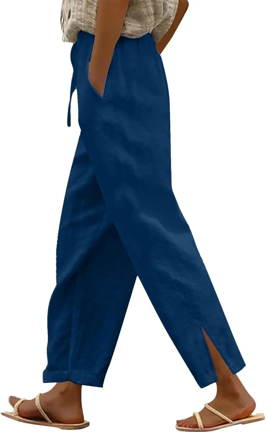 Women Linen Pants 2025 Summer Straight Leg High Waisted Side Split Lounge Pants Lightweight Baggy Beach Trouser w/Pockets
