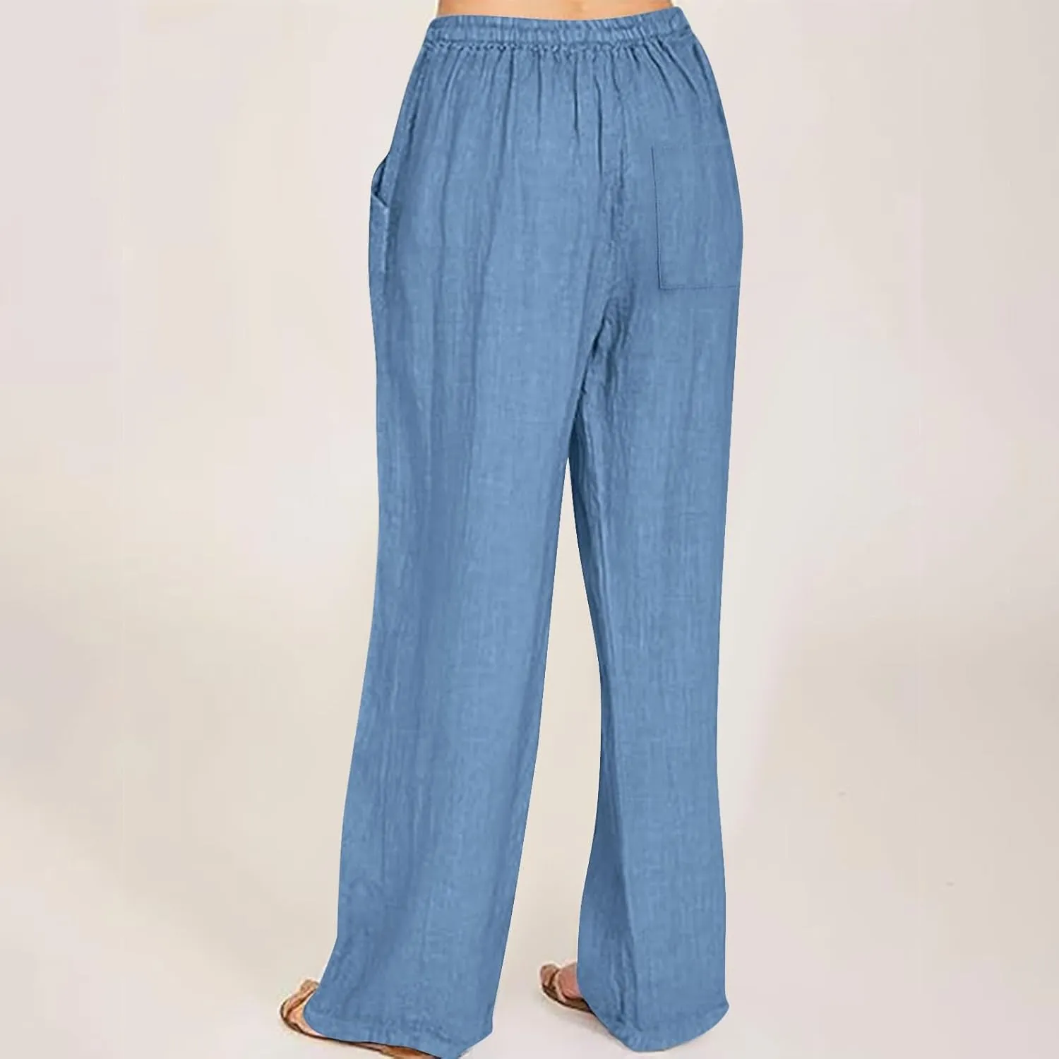 Women Linen Pants Lounge Casual Cotton Linen Summer Palazzo Pants Loose Flowy Wide Leg Beach Trousers with Pockets