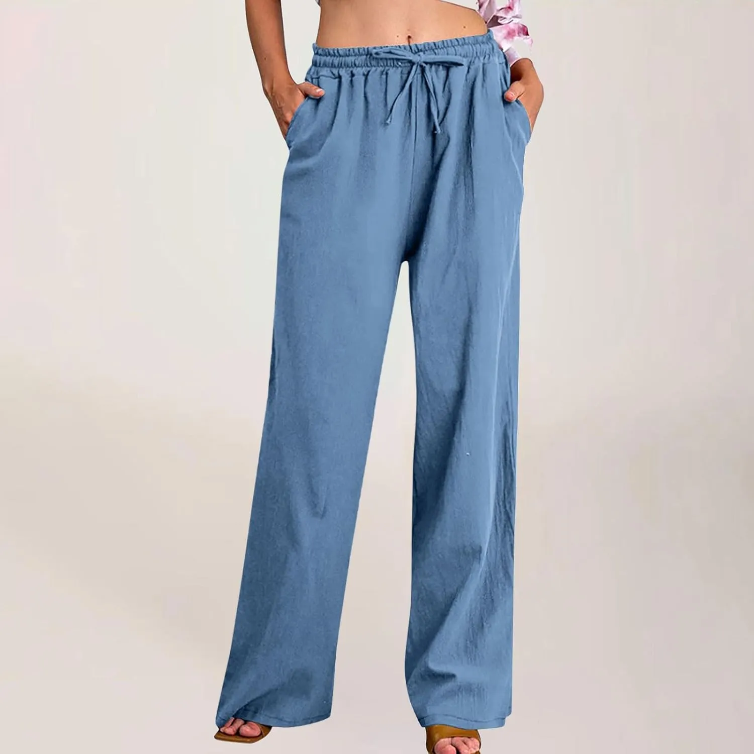 Women Linen Pants Lounge Casual Cotton Linen Summer Palazzo Pants Loose Flowy Wide Leg Beach Trousers with Pockets