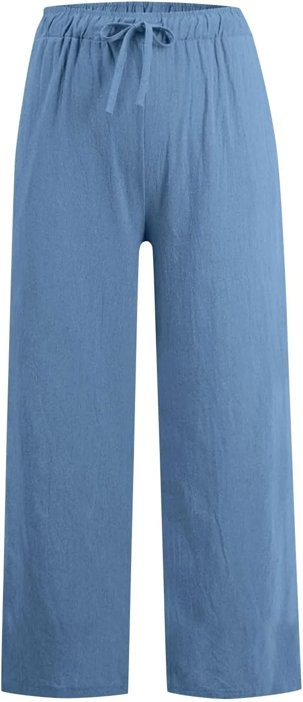 Women Linen Pants Lounge Casual Cotton Linen Summer Palazzo Pants Loose Flowy Wide Leg Beach Trousers with Pockets